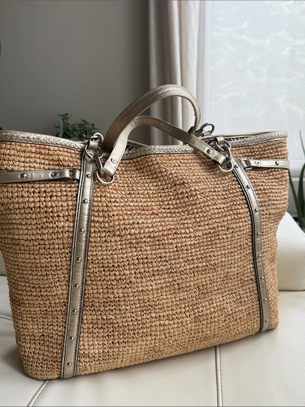 Coach Leather Creed Patch Embellished Straw Tote Bag
